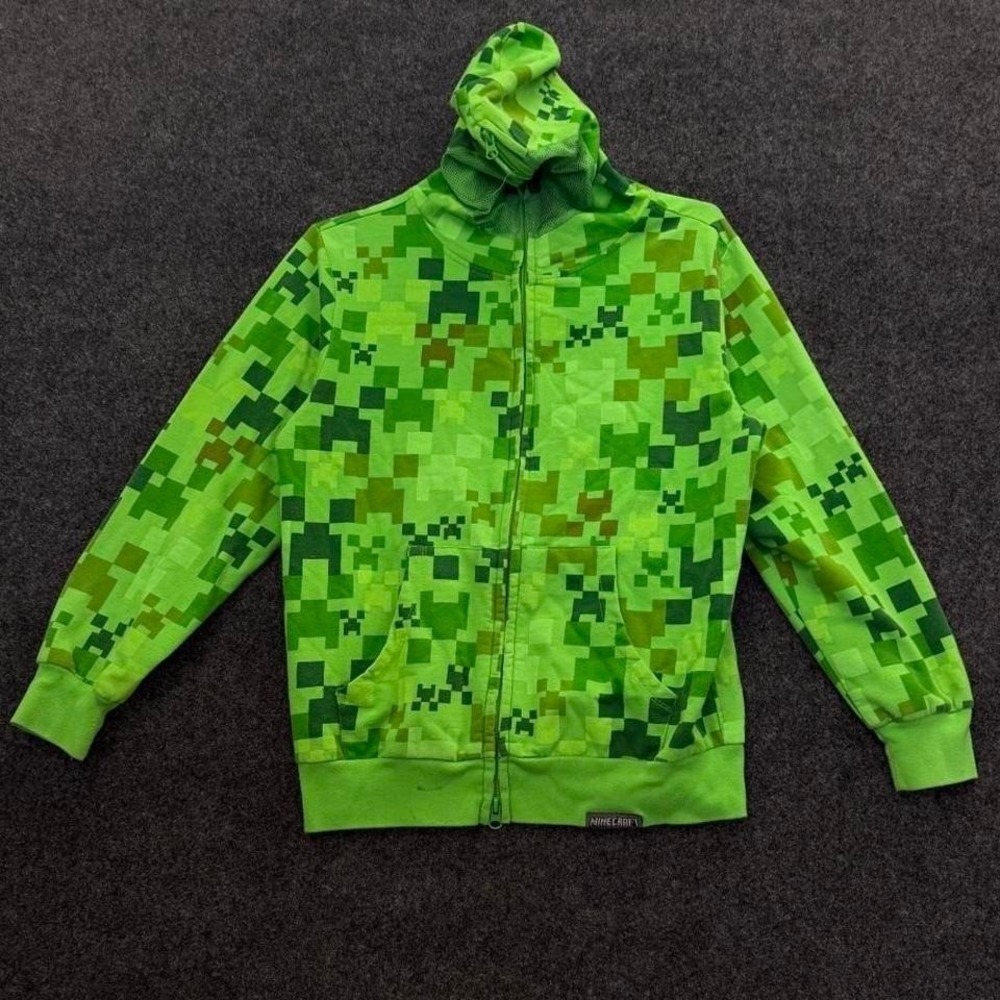 Minecraft Creeper Zip Up Hoodie Mens Small Green Pixel Graphic Gamer Y2K